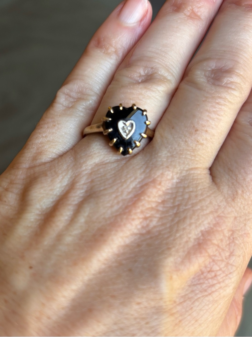 Vintage Art Deco Gold Heart Ring with Black Onyx and Diamond Heart Accent